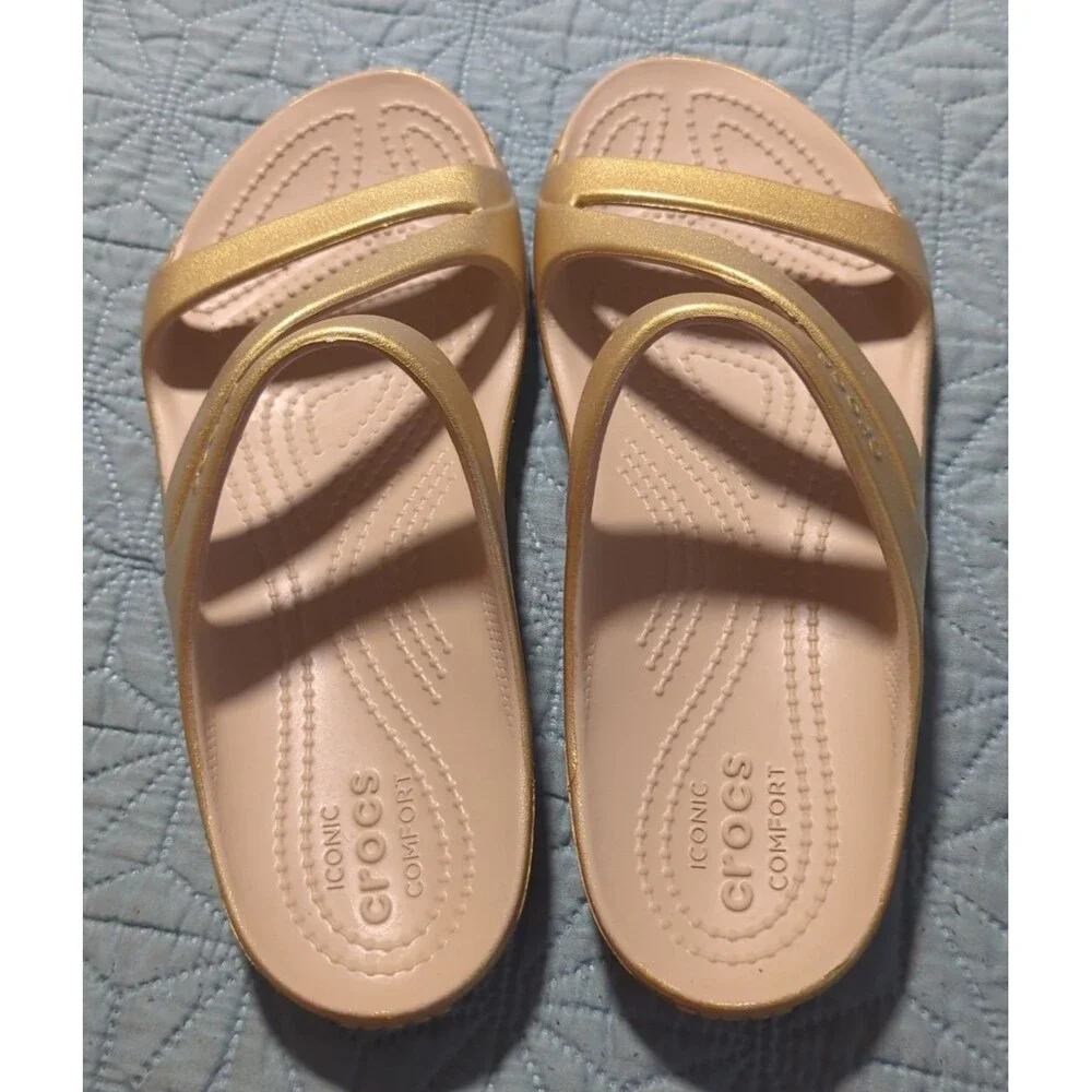 Crocs Kadee II Strappy Sandals Metallic Gold Slides Women's Sz 8 Ionic Comfort
